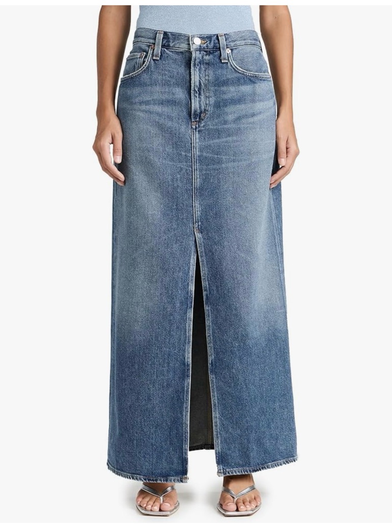 Zara Button Fly Blue Denim Maxi Skirt With Front Slit.